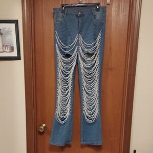Blue Straight Leg Jeans with Chain Embellishments